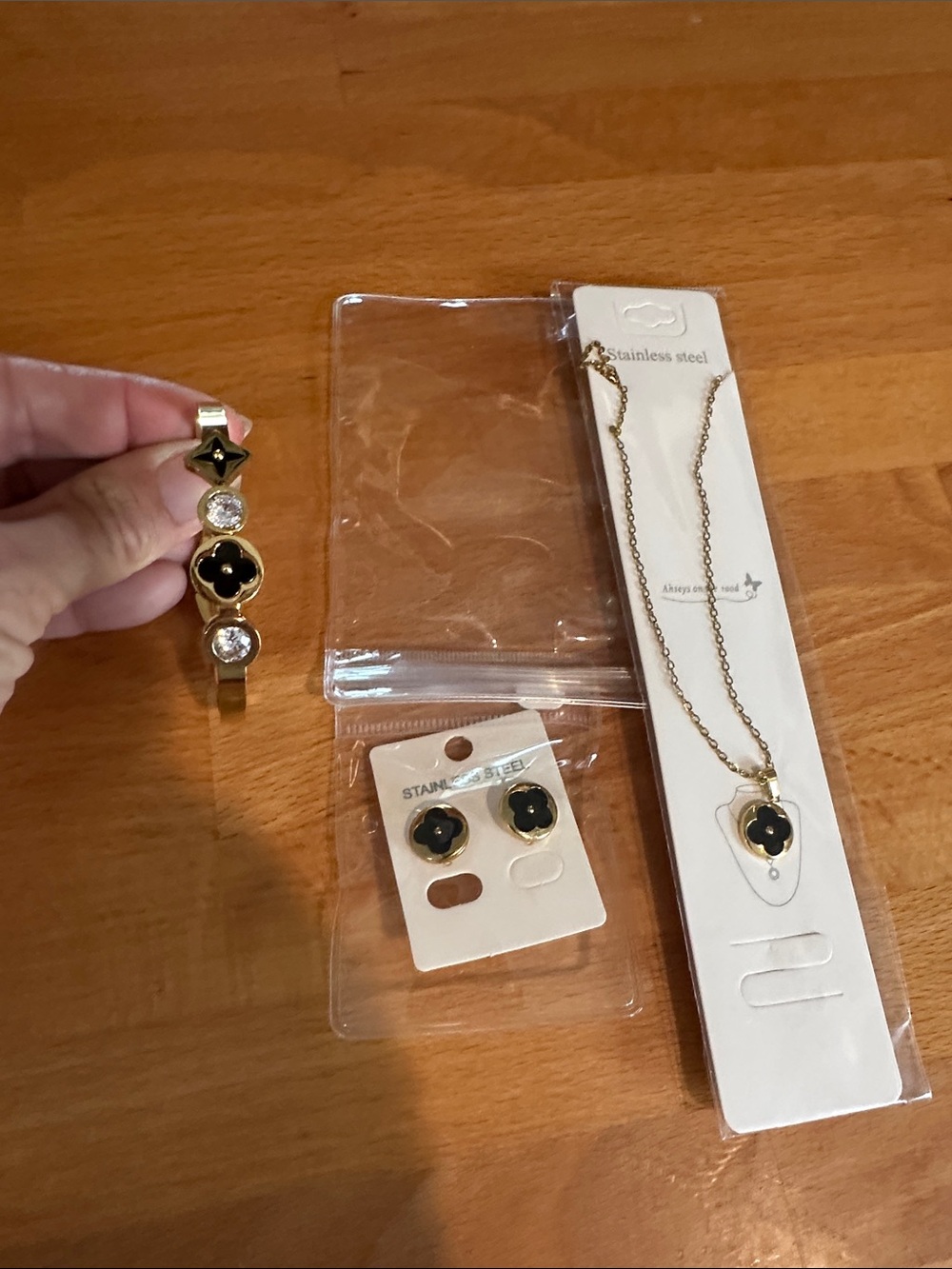 Gold-Tone Black Flower Jewelry Set - Necklace, Bracelet & Earrings